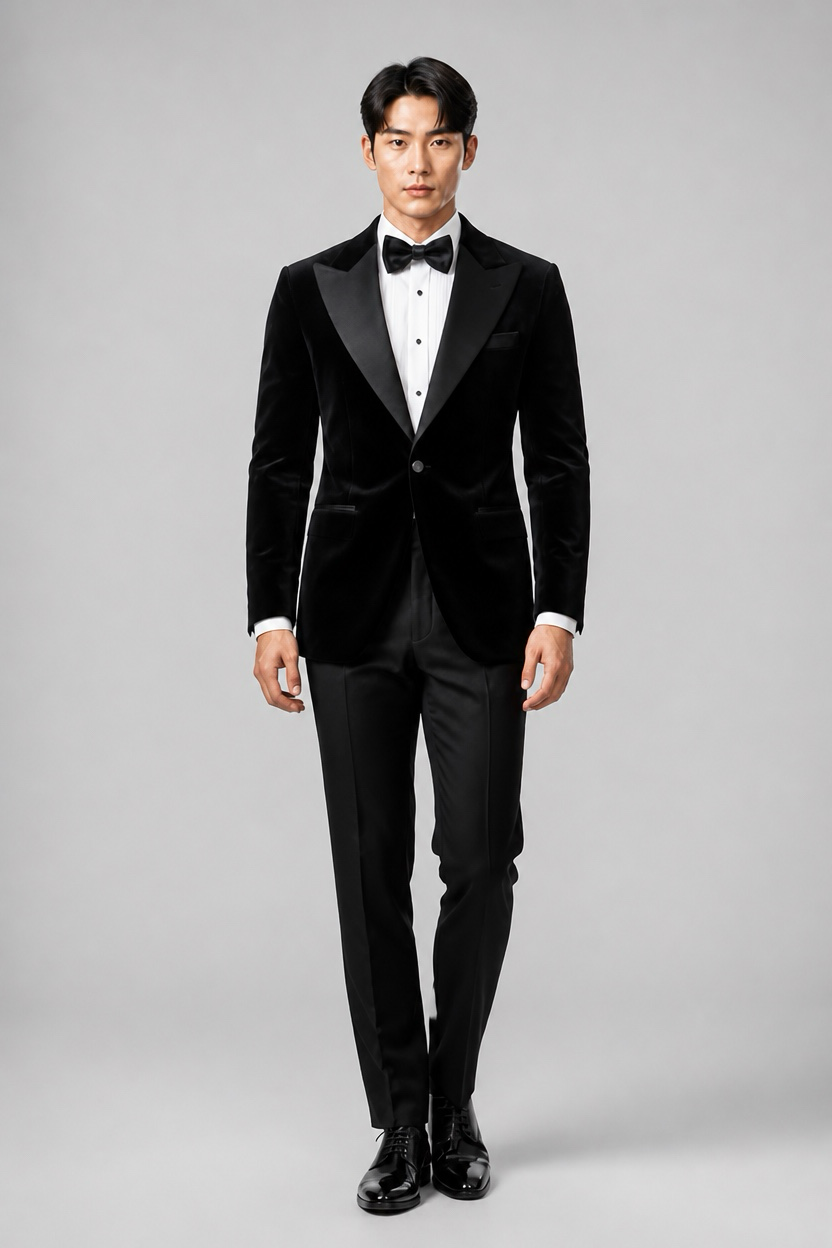 Model wearing black velvet tuxedo with black satin peak lapel and black bow tie by Harrison E Milano Berlin