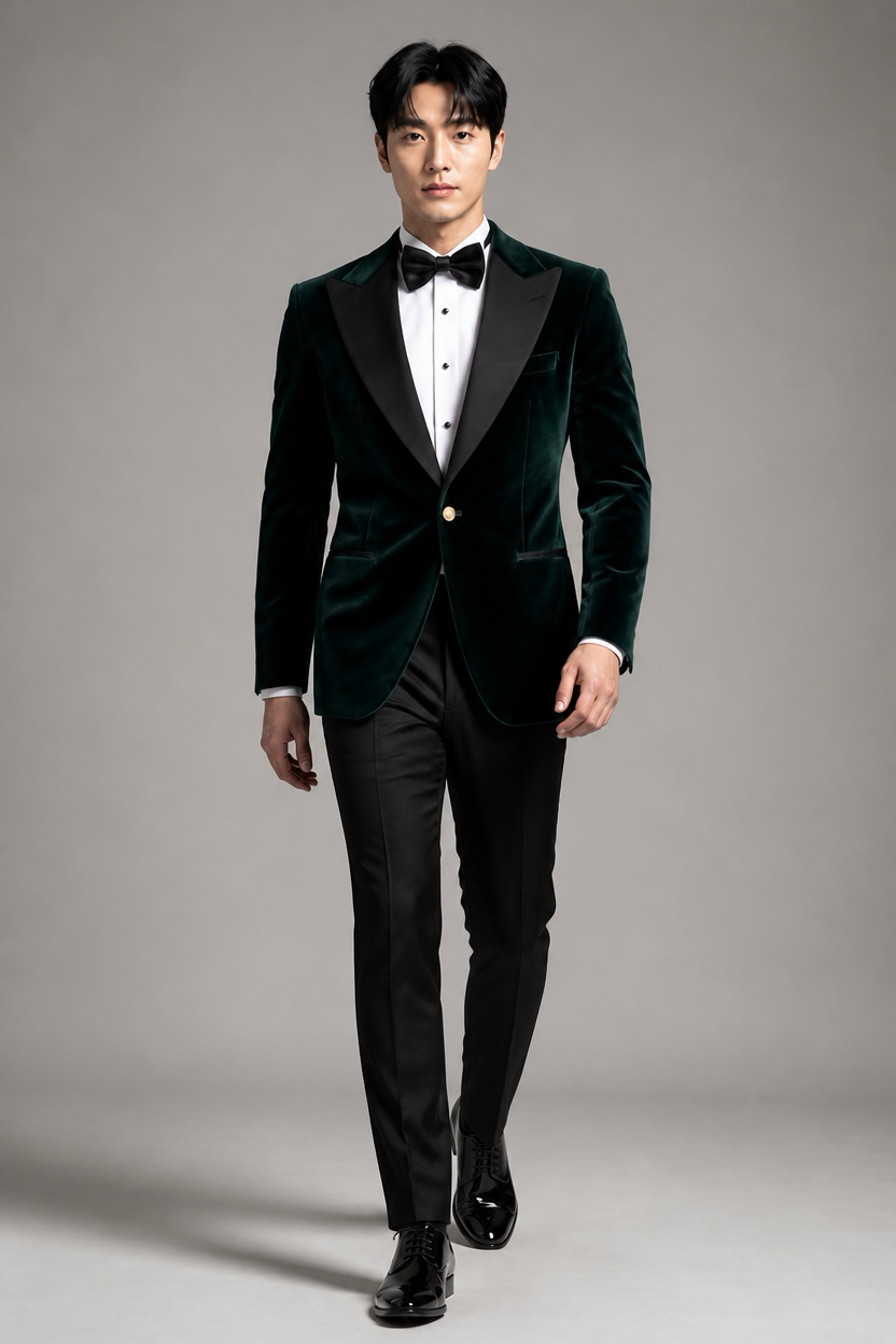 Model wearing forest green velvet tuxedo with black satin peak lapel and gold button by Harrison E Milano Berlin