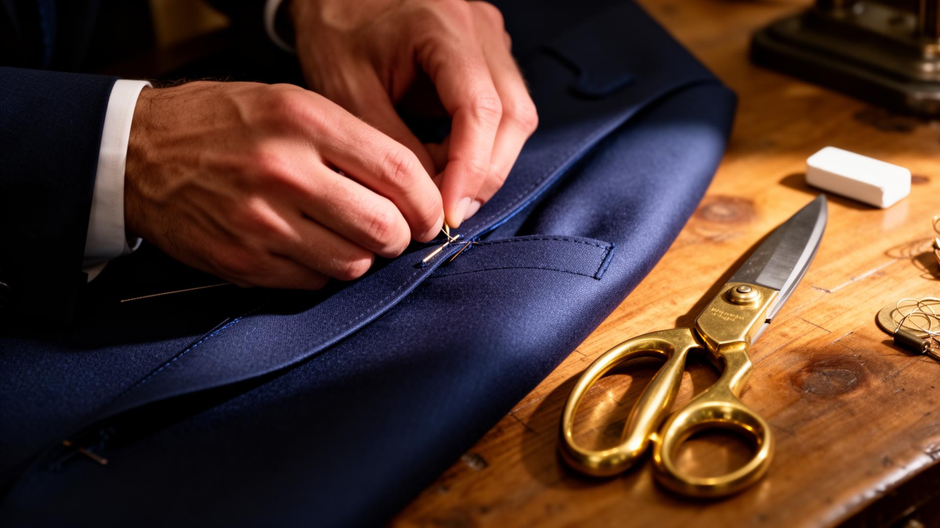 Master tailor hand-stitching a navy suit lapel in the Harrison E Milano atelier