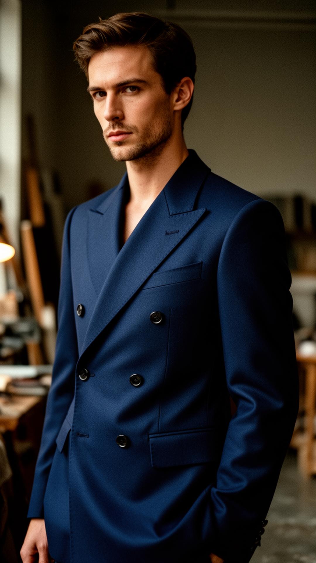 Navy blue custom-tailored double-breasted wool suit by Harrison E Milano Berlin
