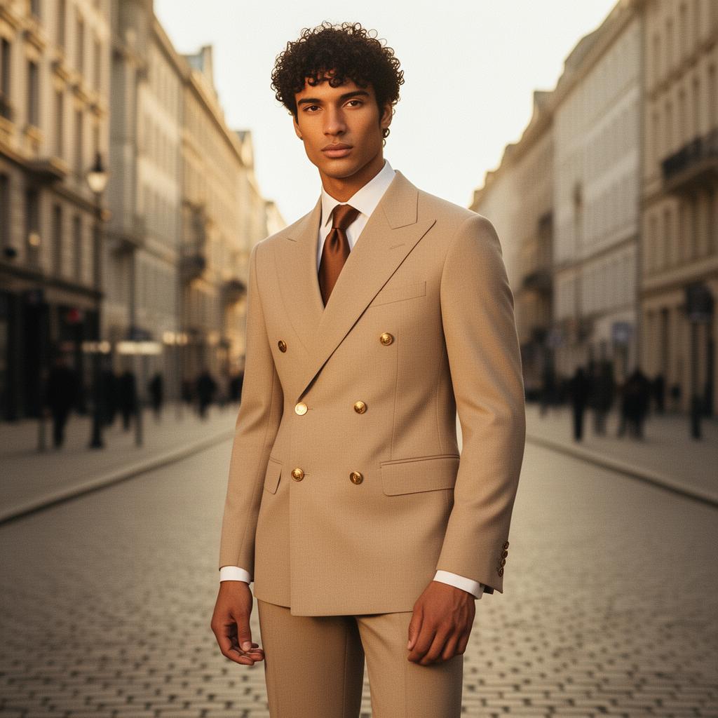 Tall model wearing beige double-breasted suit on Berlin street, Harrison E Milano