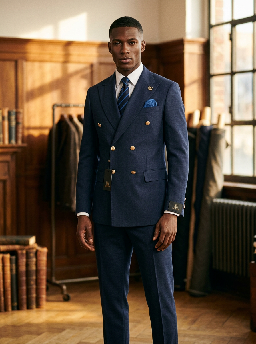 Tall model wearing navy blue double-breasted suit with gold buttons by Harrison E Milano Berlin
