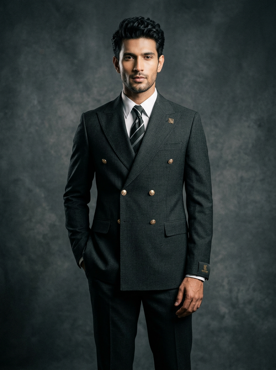 Tall model wearing slate black double-breasted suit with peak lapels by Harrison E Milano