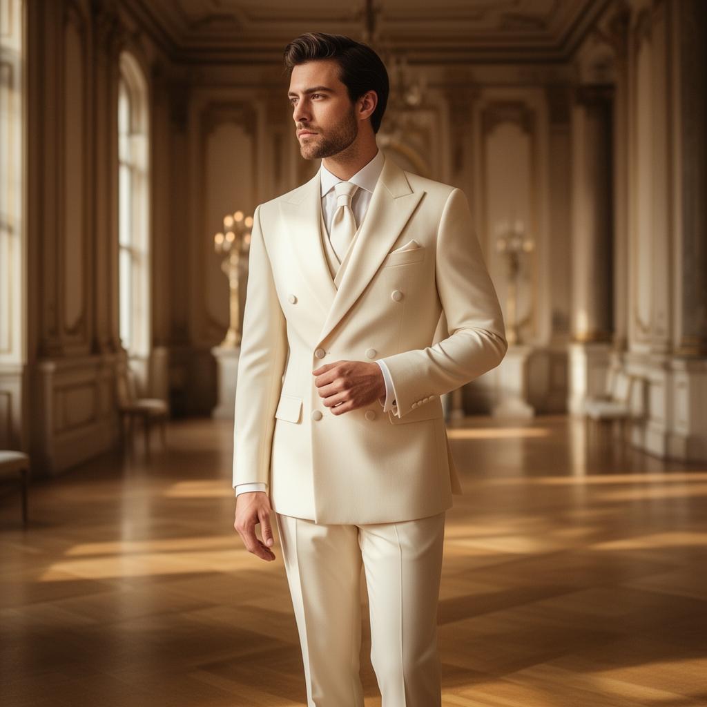 Groom in cream double-breasted wedding suit by Harrison E Milano